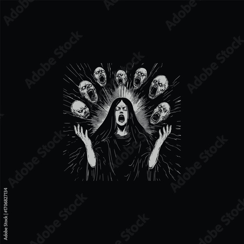 Intense dark art illustration of a figure in distress or rage, arms raised, with six screaming skulls orbiting her head, emanating a blinding light