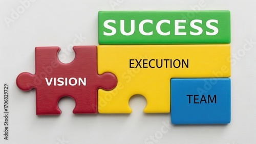 startup success execution competition goals concept. Puzzle pieces representing success, vision, execution, and teamwork.