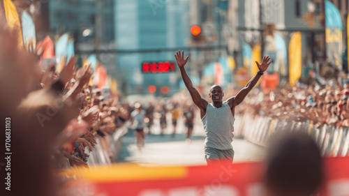 Runner celebrating victory with arms raised, crossing finish line in vibrant marathon atmosphere