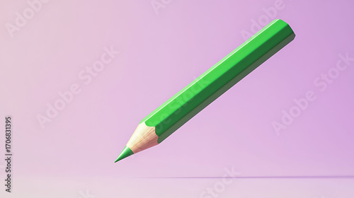 A matte green hexagonal 3D pencil floating at an angle above a soft lilac background, crisp and shadowless, giving a modern minimalist appearance,