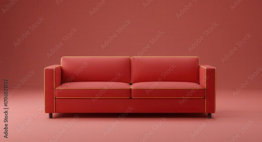 Fototapeta premium A red couch with gold trim sits against a solid coral-red backdrop, evoking a modern, minimalist design.