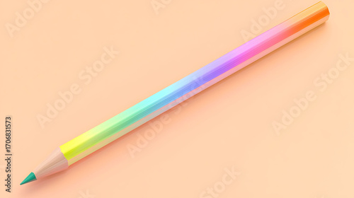 A multicolored rainbow pencil rendered in 3D, positioned diagonally across a pastel peach background with subtle depth of field,