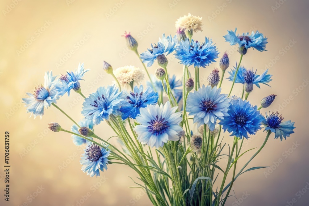 Fototapeta premium A delicate bouquet of vibrant blue wildflowers, subtly illuminated by a soft, warm light, evokes feelings of serenity and peace.