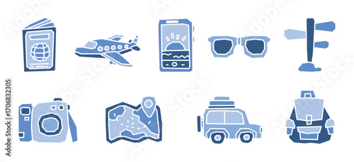 Solid Blue Tone Color Filled Traveling Theme Icon Collection in Cutout and Flat Design