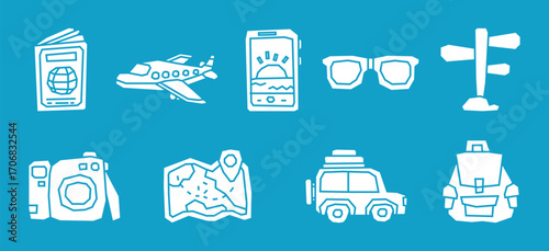 Solid White Color Filled Traveling Theme Icon Collection in Cutout and Flat Design