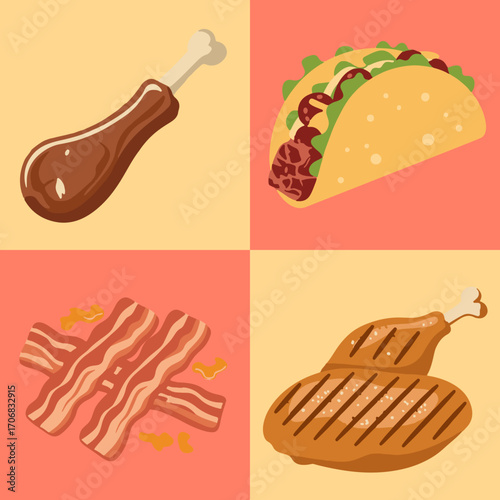 set illustration vector graphic of meat pork and fried chicken