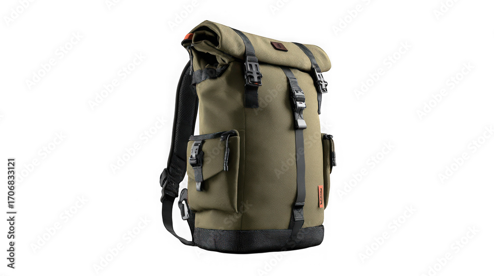 Naklejka premium Durable green backpack with multiple pockets for outdoor adventures and travel essentials transparent background