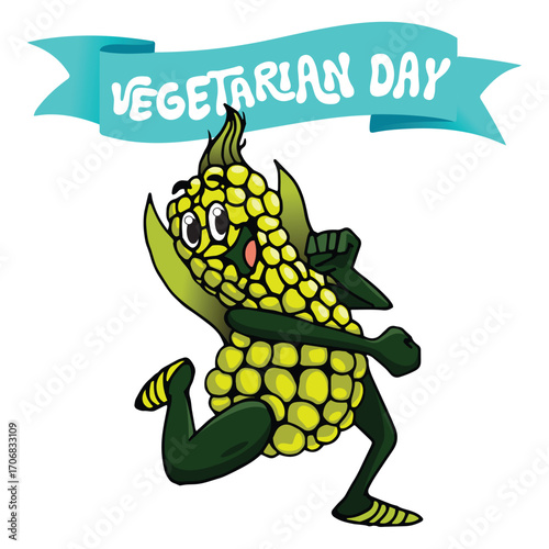 Celebrate Vegetarian Day with enthusiasm! This cheerful corn character is running to promote a healthy, plant-based lifestyle. Perfect for Vegetarian Day campaigns or healthy food promotions!