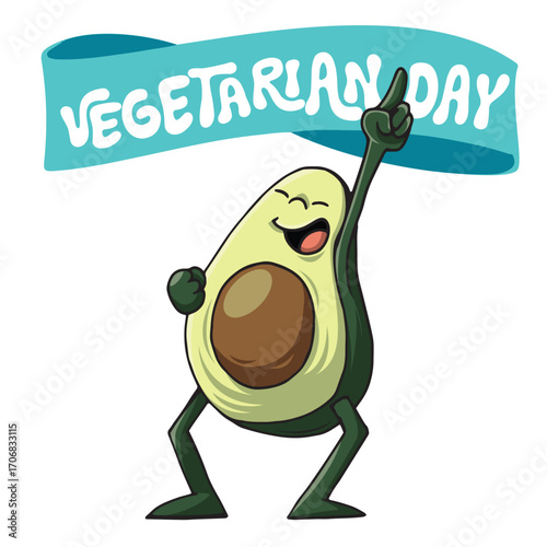 Joyful avocado celebrates Vegetarian Day! Perfect for promoting plant-based living.