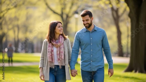 Romantic Stroll: Couple Holding Hands, Walking in Sunny Park, Love and Connection