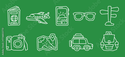 Solid Bold White Outline Traveling Theme Icon Collection in Cutout and Flat Design
