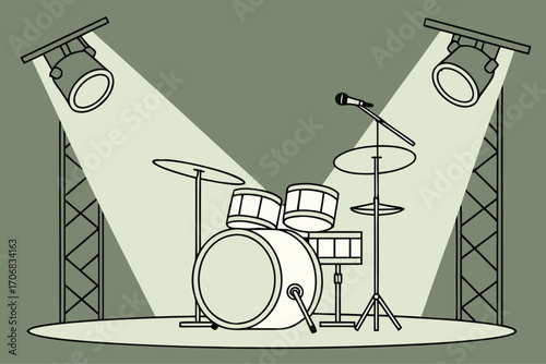 Drum set and microphone on stage with spotlights music performance