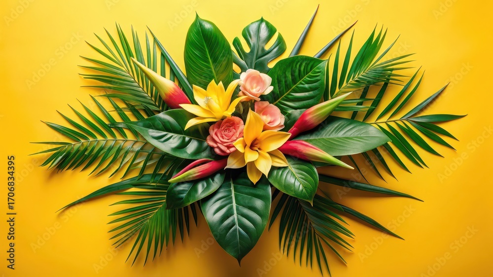Fototapeta premium Vibrant Tropical Floral Arrangement with Lush Green Foliage on Sunny Yellow Background