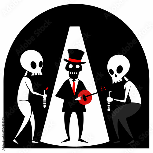 Day of the Dead Band with Skeletons Playing Music in Spotlight