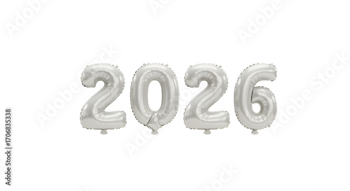 Silver foil balloons shaped as numbers 2026 isolated on white background, perfect for New Year or milestone celebrations