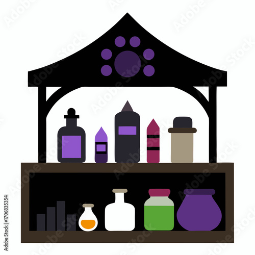 Halloween potion shop illustration with bottles and jars on shelves