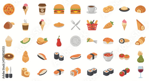 Collection of various food items including pizza and sushi rolls