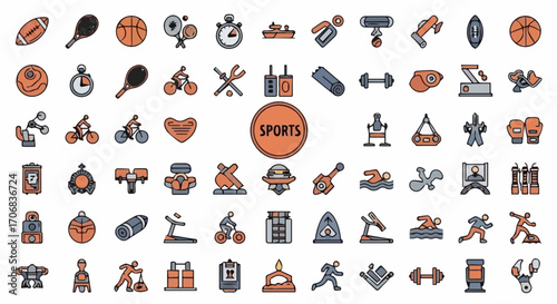Collection of various sports equipment and activity icons set up