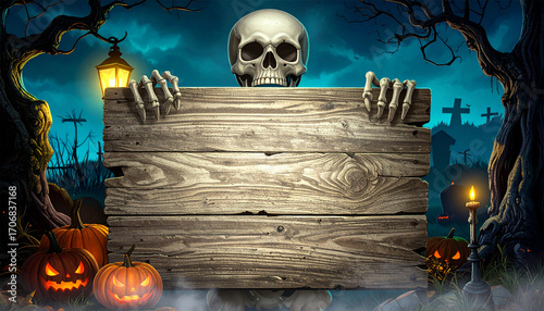 Halloween Announcement: A spine-chilling scene unfolds, with a skeletal figure emerging from the darkness to present a wooden sign, evoking a sense of eerie anticipation and the spirit of the season.