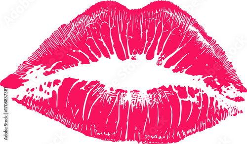 Red lipstick kiss mark vector. Sexy beautiful lips imprint. Valentine's day romantic symbol. Glamour cosmetic makeup illustration. Passion love icon. Grunge textured print.