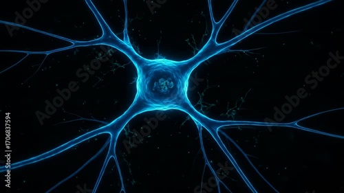 Glowing blue neuron cell with dendrites on a dark background. Science concept.