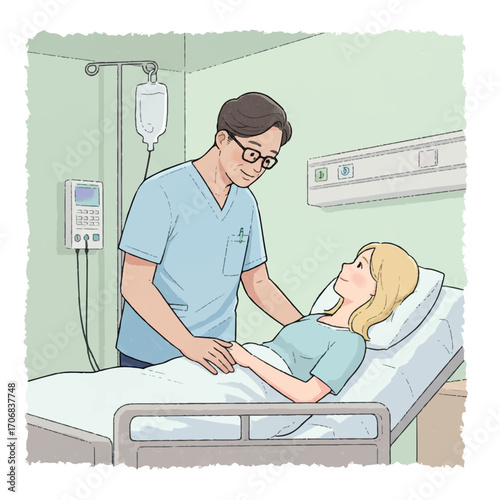 A caring male nurse comforts a female patient lying in a hospital bed.