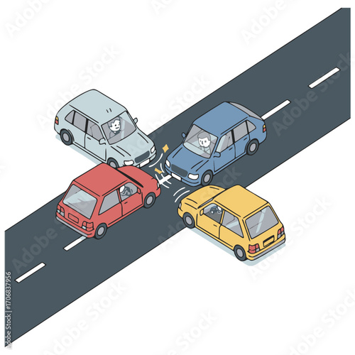 Four cars collide at an intersection. Suitable for illustrating traffic accidents, car insurance claims, road safety, and intersection collisions in design projects.