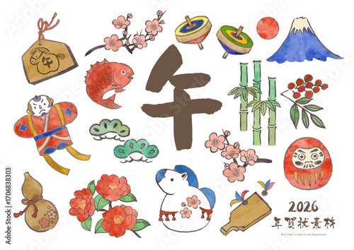 午年の手書きのお正月線画のカットイラストセット