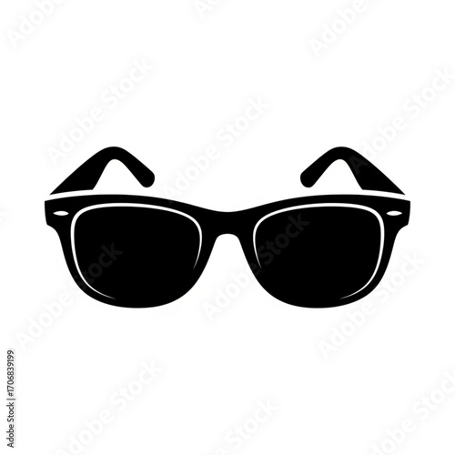 Illustration of a pair of wayfarer style sunglasses with dark lenses and thick black frames isolated on white created with generative ai