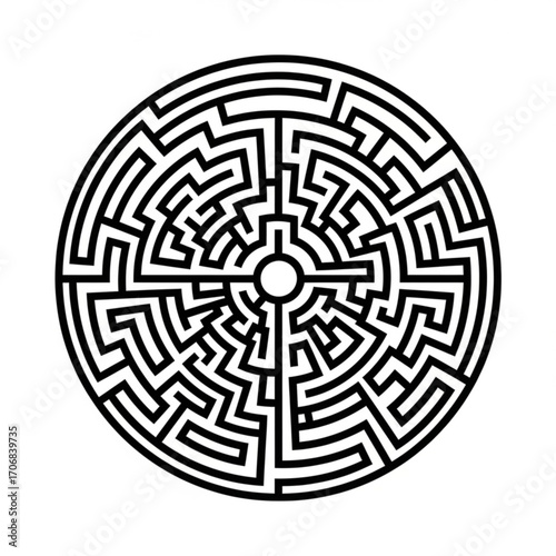 A circular labyrinth design with a central opening and complex pathing in black and white illustration created with generative ai
