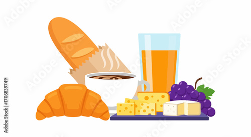 Vector illustration of a traditional French breakfast or brunch with fresh croissant, baguette, coffee, orange juice, and cheese platter with grapes
