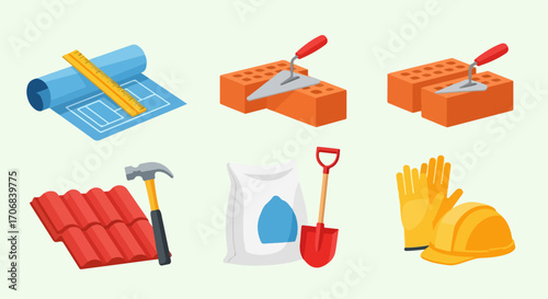 A flat vector illustration set representing the building and construction industry concept with essential tools and materials isolated on a light background