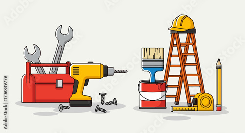 Vector illustration of various construction and handyman equipment for maintenance projects and home improvement