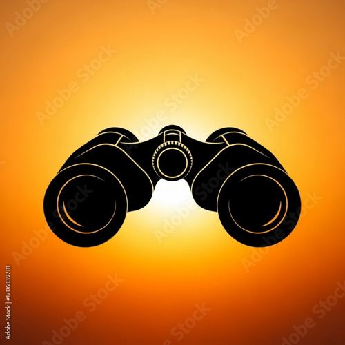 Silhouette of binoculars against a gradient orange background with a bright light source behind them created with generative ai