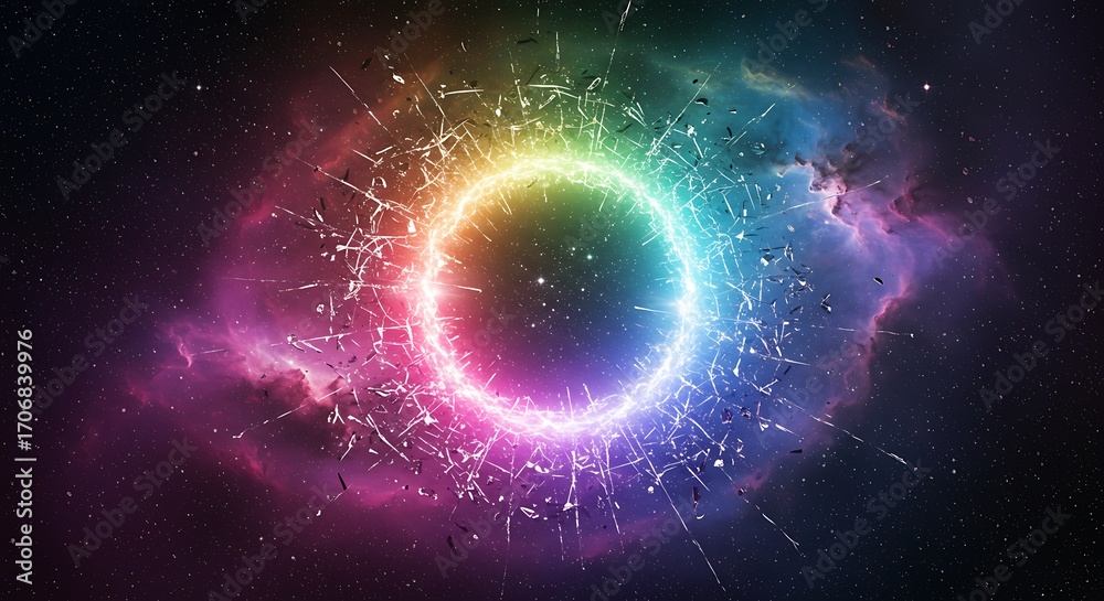 Fototapeta premium Stunning vibrant galaxy with broken glass effect and rainbow ring for cosmic energy