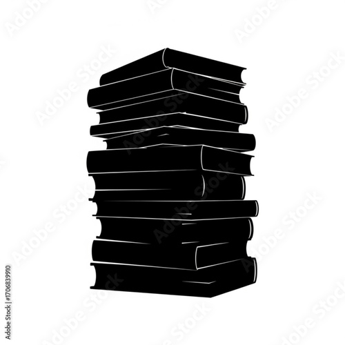 A monochrome illustration of a tall stack of books with visible spines and covers on a white background created with generative ai