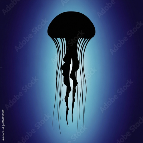 Silhouette of a jellyfish with long tentacles floating in a blue gradient background underwater scene design created with generative ai