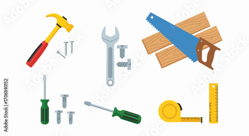 Essential hand tool collection for woodworking and home repair, featuring a hammer, saw, screwdriver, and other workshop items