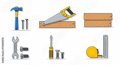Illustrated set of woodworking and repair tool icons for building and home improvement projects. Flat vector collection with hammer, saw, and wrench