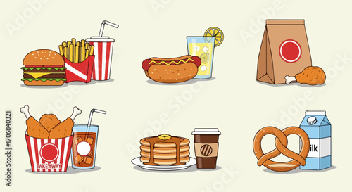 A colorful collection of classic American fast food meal illustrations, featuring a burger, hot dog, fried chicken, and pancakes as part of a complete set