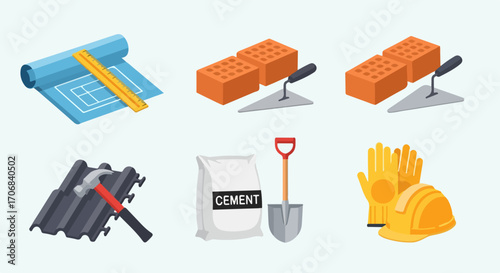 A collection of essential construction tools and building materials for architectural and engineering projects, including safety gear and blueprints