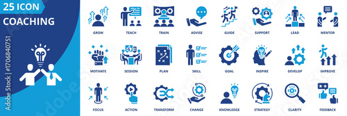 Coaching icon set collection in flat style. Icon pack contains leadership, skill, mentor, guide, train, teach, support, advise, lead, grow, inspire, goal, focus, plan, motivate, action