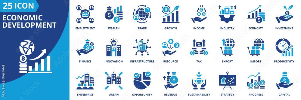 Equitable Economic Development Icon Economic development icon set collection in flat style. Icon pack ...