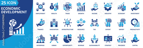 Economic development icon set collection in flat style. Icon pack contains finance, growth, investment, income, wealth, industry, trade, employment, innovation, productivity