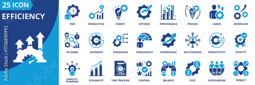 Efficiency icon set collection in flat style. Icon pack contains operation, production, time, energy, optimize, performance, process, labor, workflow, six sigma, automate, streamline, resource