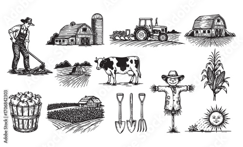 farm set, tractor, cow, barn engraving vector style