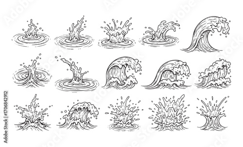 wave splash set engraving vector