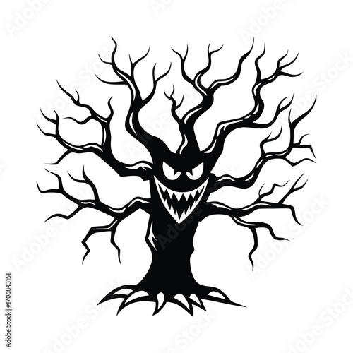 Spooky Silhouette Tree with Grinning Face Isolated on a white background