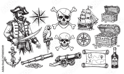 set of pirate, skull, ship, treasure, map hand drawn vector 