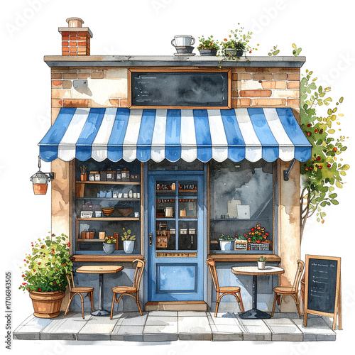 Charming Cafe Shopfront Isolated On White Background: An inviting watercolor illustration captures the essence of a quaint cafe, showcasing a striped awning, vintage signage.